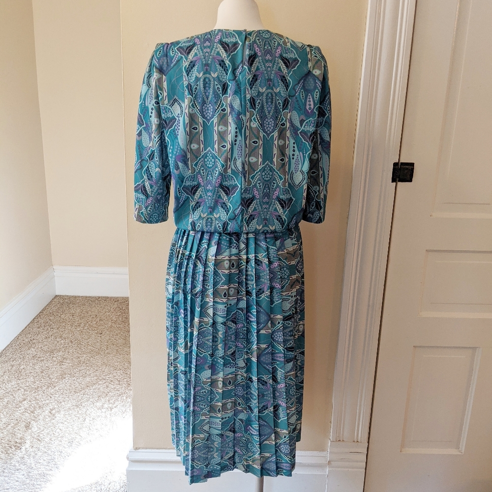 Vintage M.C.S Ltd NY teal abstract paisley dress - Picture 3 of 10